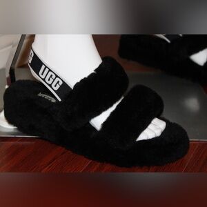 UGG Black Fluffy Sheepskin slide Slippers
